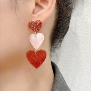Pink & Red Glitter Acrylic Dangle Heart Earrings